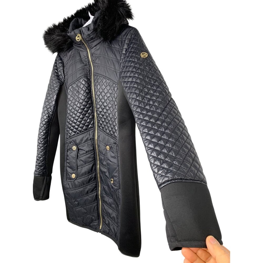 Michael Kors Quilted Knit Panel Puffer Faux Fur Hood Coat S Black RF10476 EUC - Picture 11 of 12